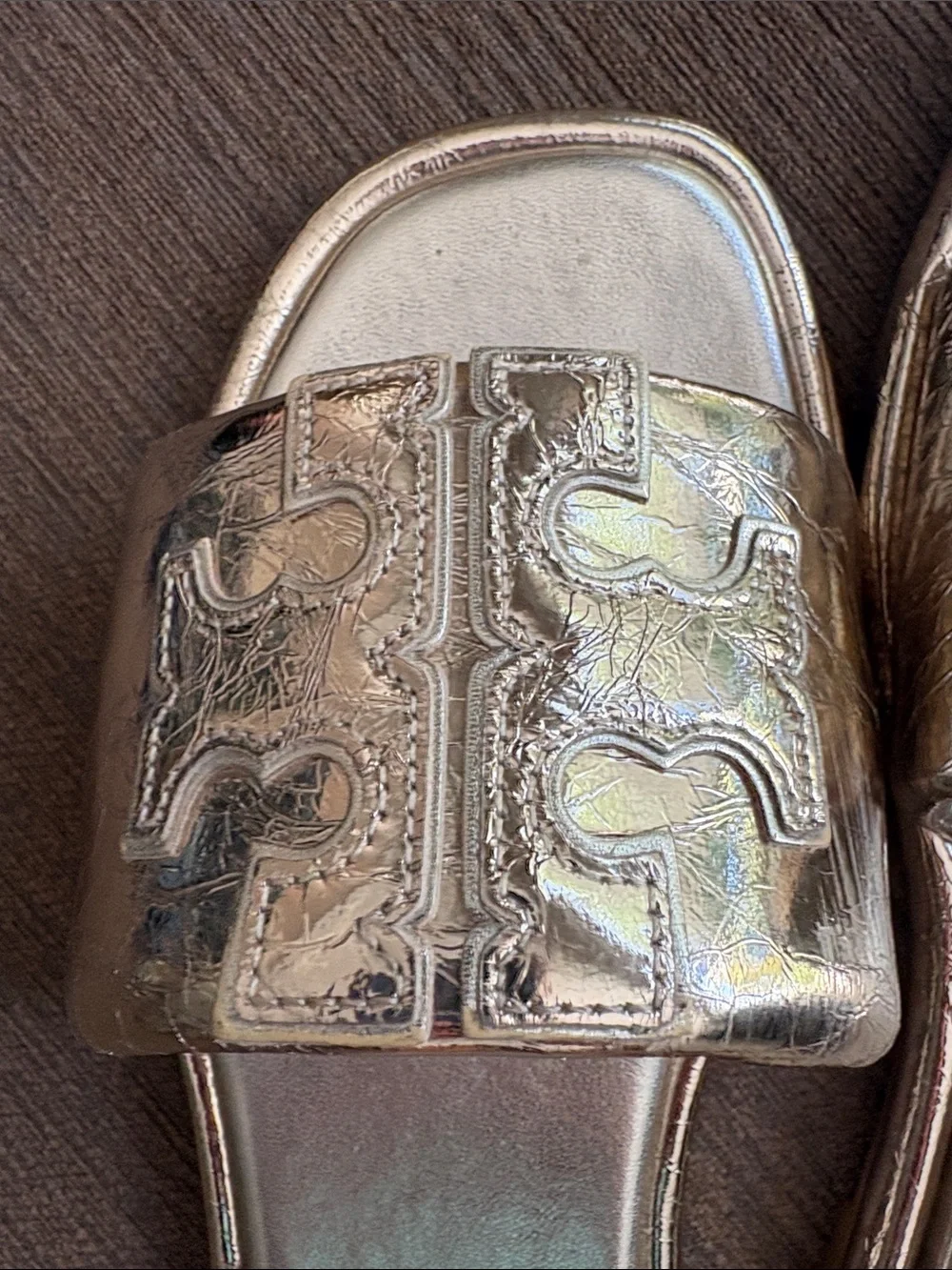 Tory Burch Iridescent Metallic Gold Logo Slide Sandals